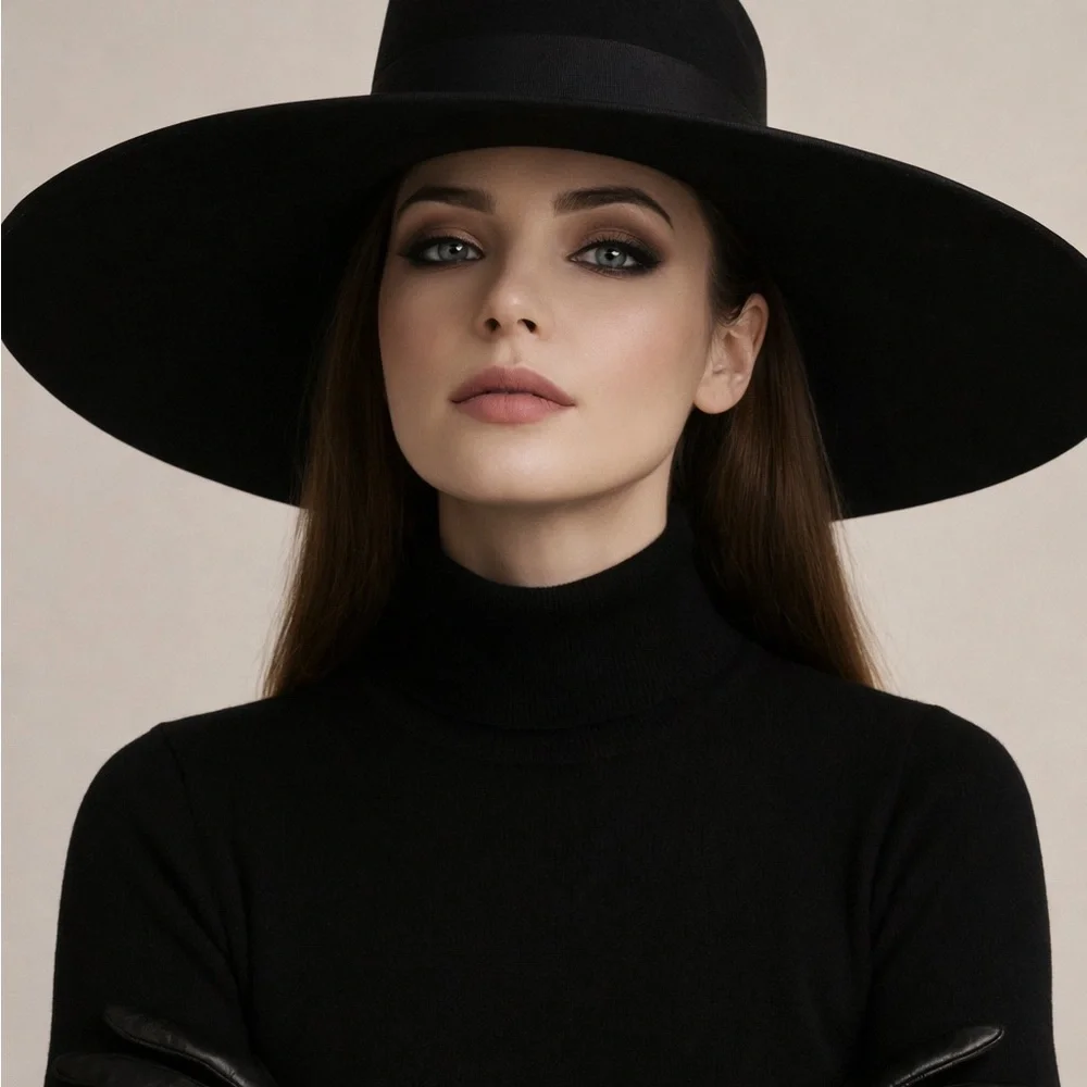 Saint Laurent Hat Wide Brim Oversized Black Rabbit Fur Felt Hedi Slimane Size 56